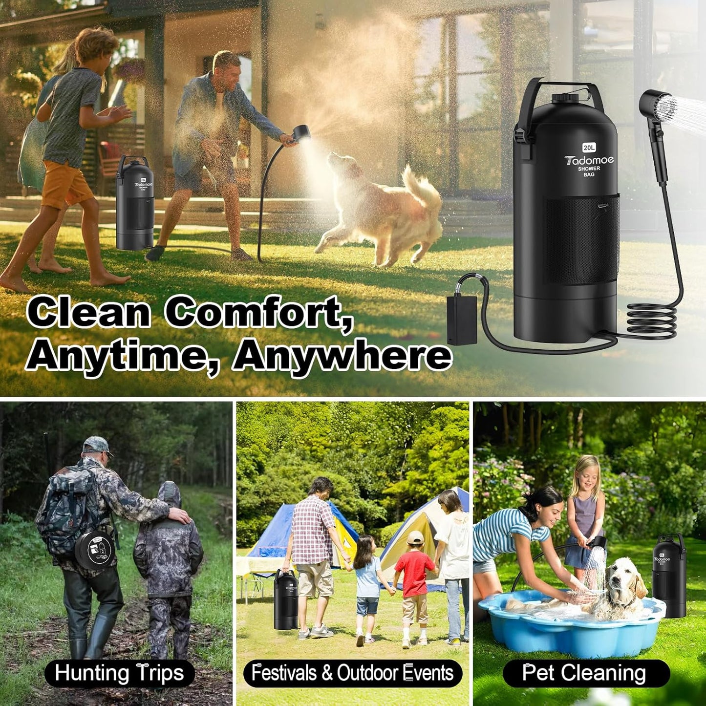 5-Gallon Portable Camping Shower with Battery Pump & Flashlight - Home Shower An