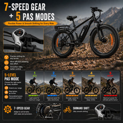EB26 1000W Peak 1500W Electric Bike for Adults, 48V 15Ah, 26" Fat Tire Ebike, E-Mountain Bicycle, UL2849