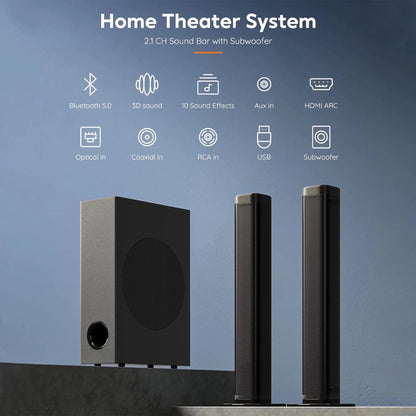Soundbar with Subwoofer, 2.1 CH Separable Sound Bars for TV, Bluetooth/Hdmi-Arc/Aux/Opt 3D Surround Sound