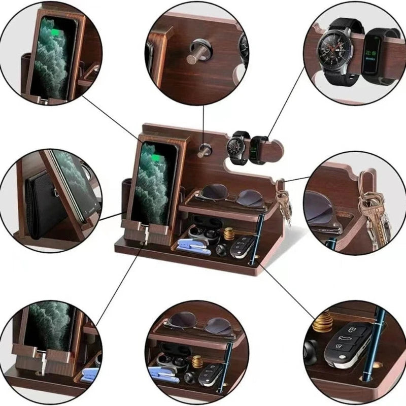 Wooden Bedside Wood Phone Docking Station Holder Wallet Stand Watch Storage Rack Valentines Multifunctional
