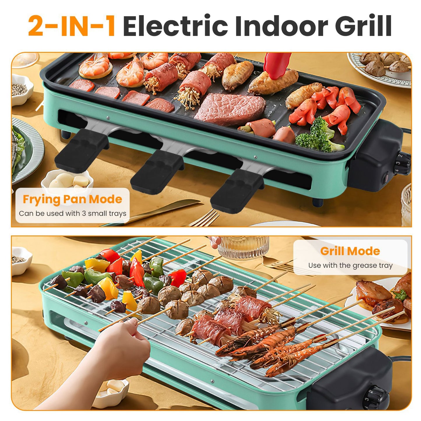 1Pc 2000W Electric Indoor Grill 2 in 1 Electric BBQ Gill with Grill Net Removable Plate 5 Temperature Control 3 Small Trays Dishwasher Safe