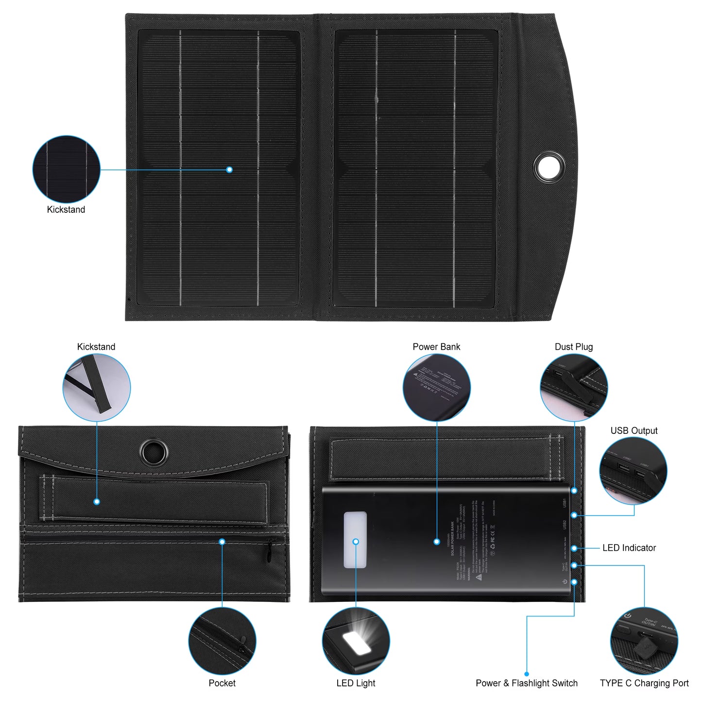 Solar Charger, 20000Mah Outdoor Waterproof Portable Power Bank，5V USB Ports Output for Smartphones Iphone Tablets Outdoor Camping Hiking (Black)