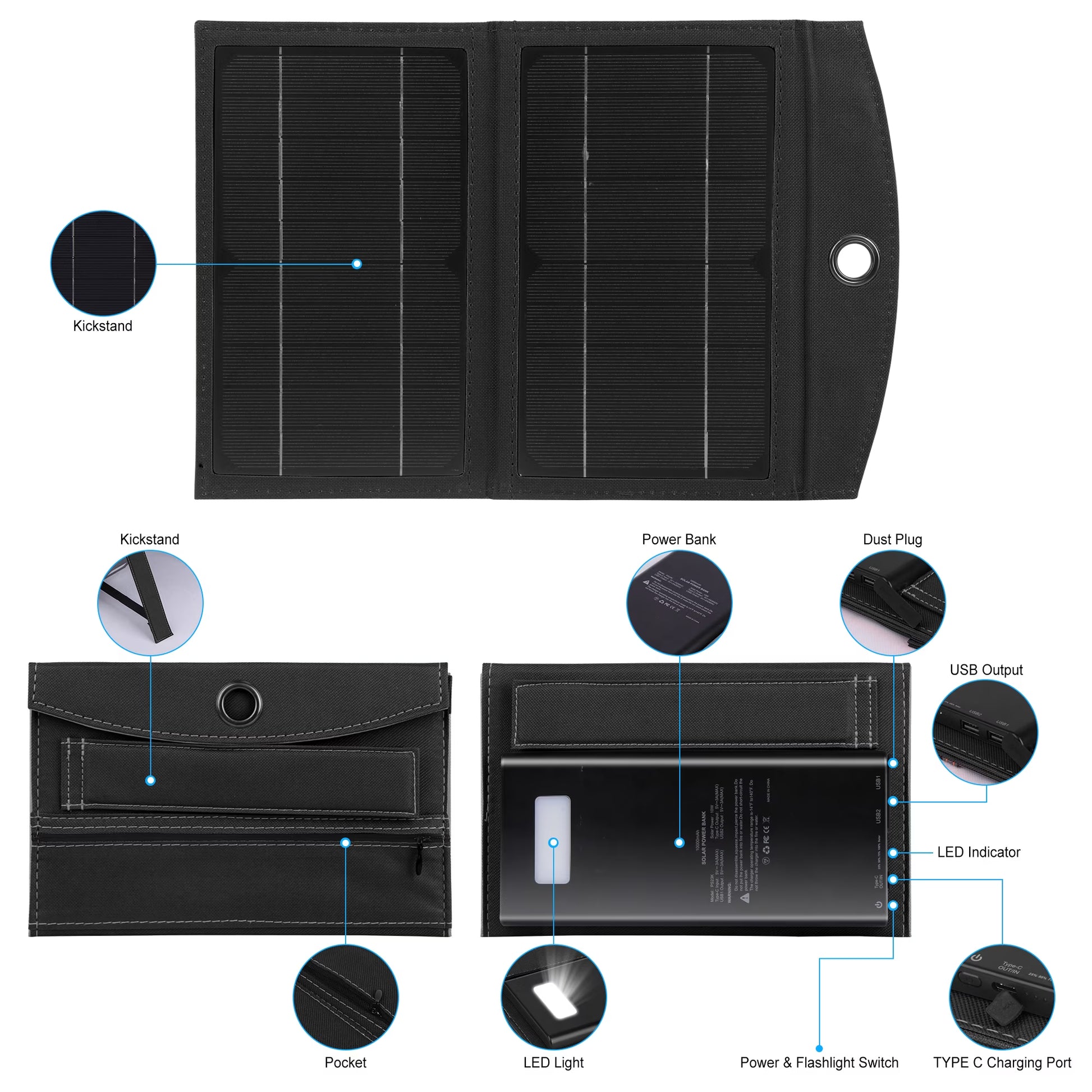 Solar Charger, 20000Mah Outdoor Waterproof Portable Power Bank，5V USB Ports Output for Smartphones Iphone Tablets Outdoor Camping Hiking (Black)
