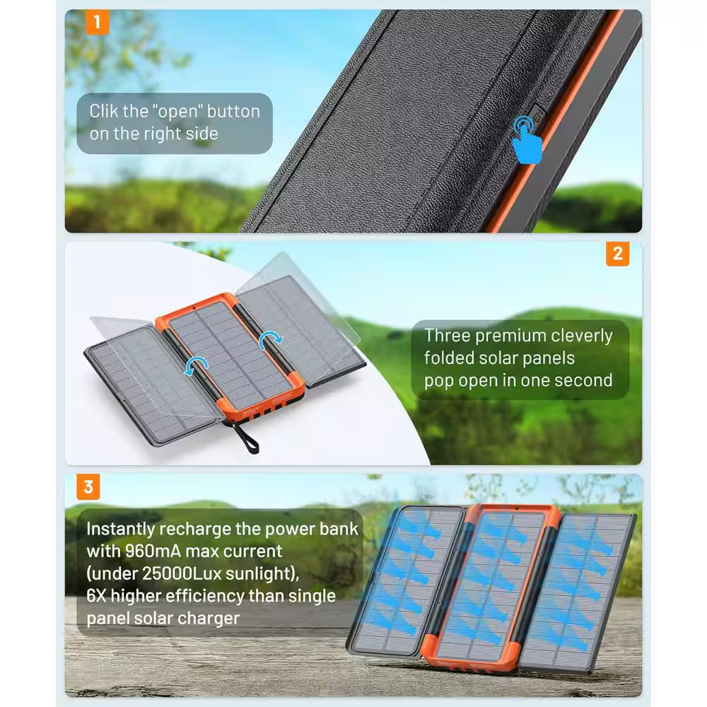 Solar Charger Power Bank 46800Mah with 3 Foldable Monocrystalline Solar Panels PD20W LED Display USB C Output