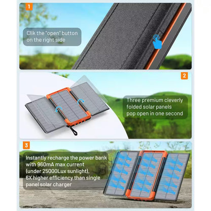 Solar Charger Power Bank 46800Mah with 3 Foldable Monocrystalline Solar Panels PD20W LED Display USB C Output
