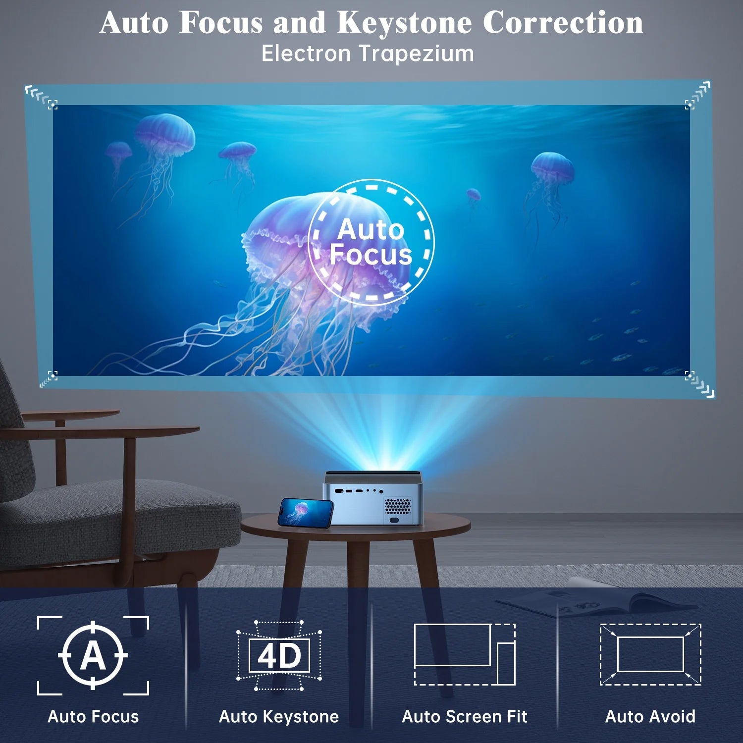 Projector with Wifi and Bluetooth, 4K Support Native 1080P Outdoor Movie Projector, 15000LM Full HD Video Projector, LCD Technology 250" Display Home Theater, Auto Focus & Zoom