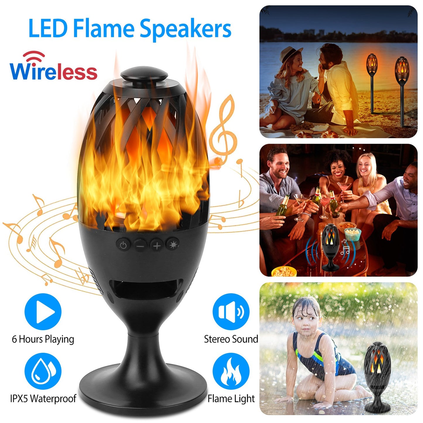 1Pc LED Flame Speakers Torch Wireless Speaker Waterproof Stereo Bass Speaker Outdoor Light-Up Speaker Atmosphere LED Flickers Night Light Patio Stake Lights Lantern for Party Camping