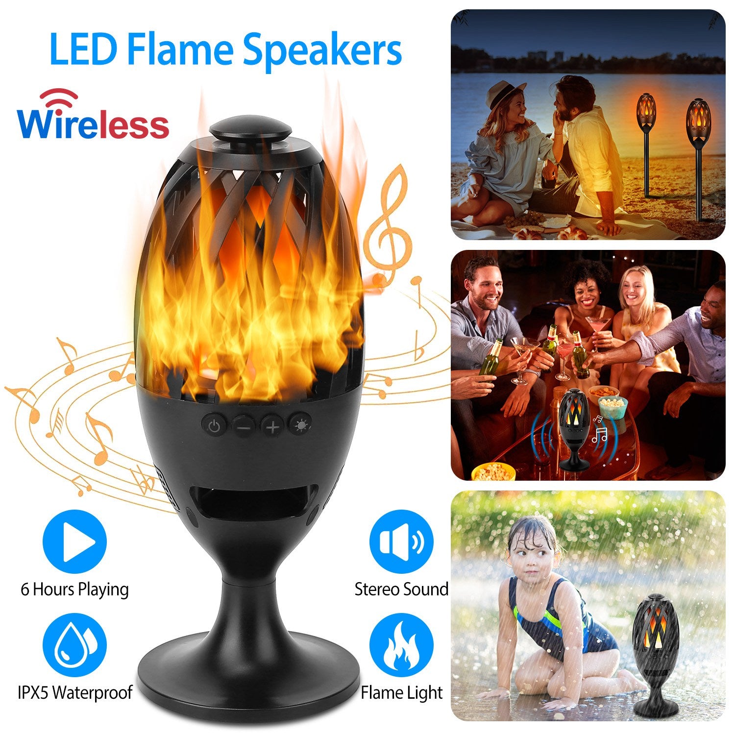 1Pc LED Flame Speakers Torch Wireless Speaker Waterproof Stereo Bass Speaker Outdoor Light-Up Speaker Atmosphere LED Flickers Night Light Patio Stake Lights Lantern for Party Camping