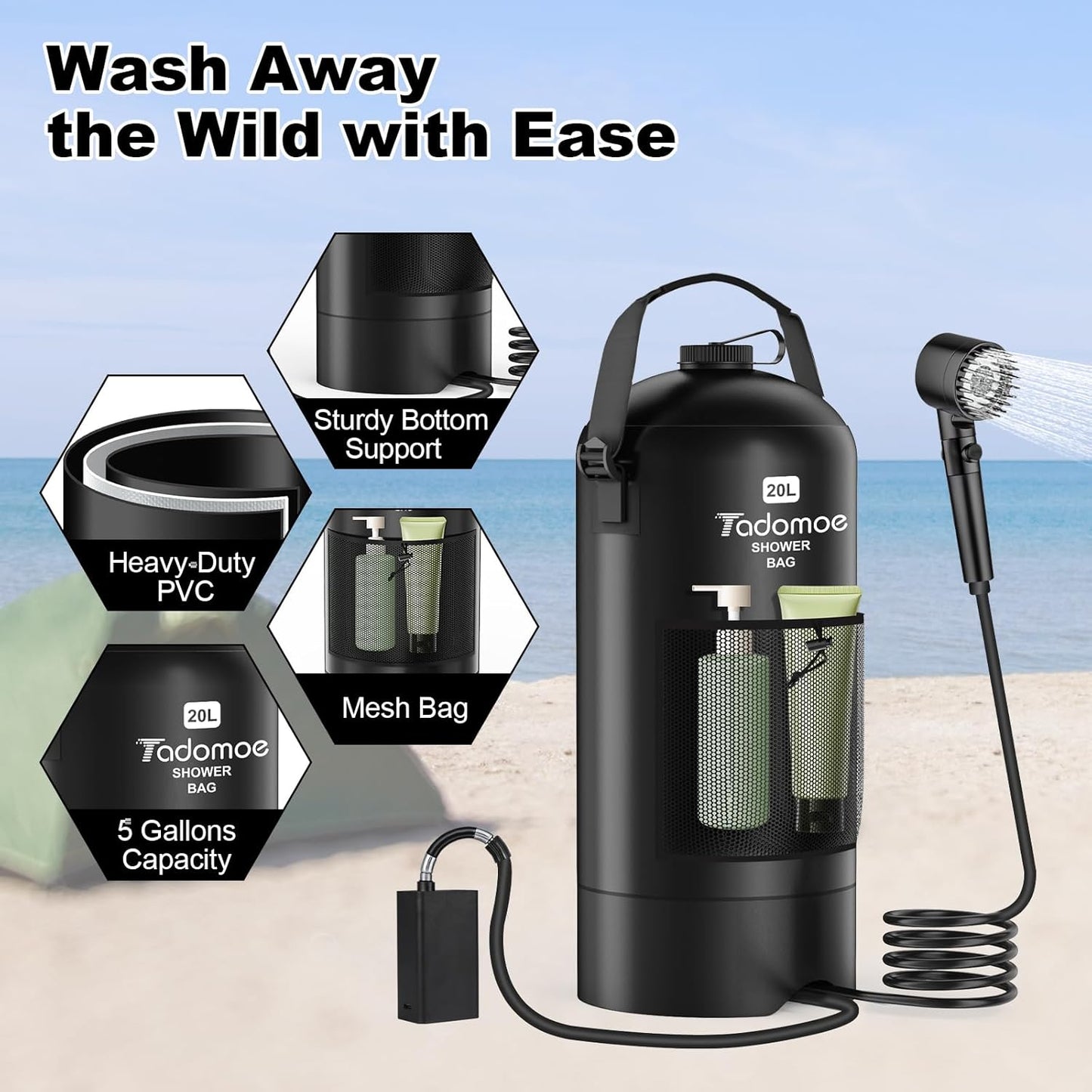 5-Gallon Portable Camping Shower with Battery Pump & Flashlight - Home Shower An