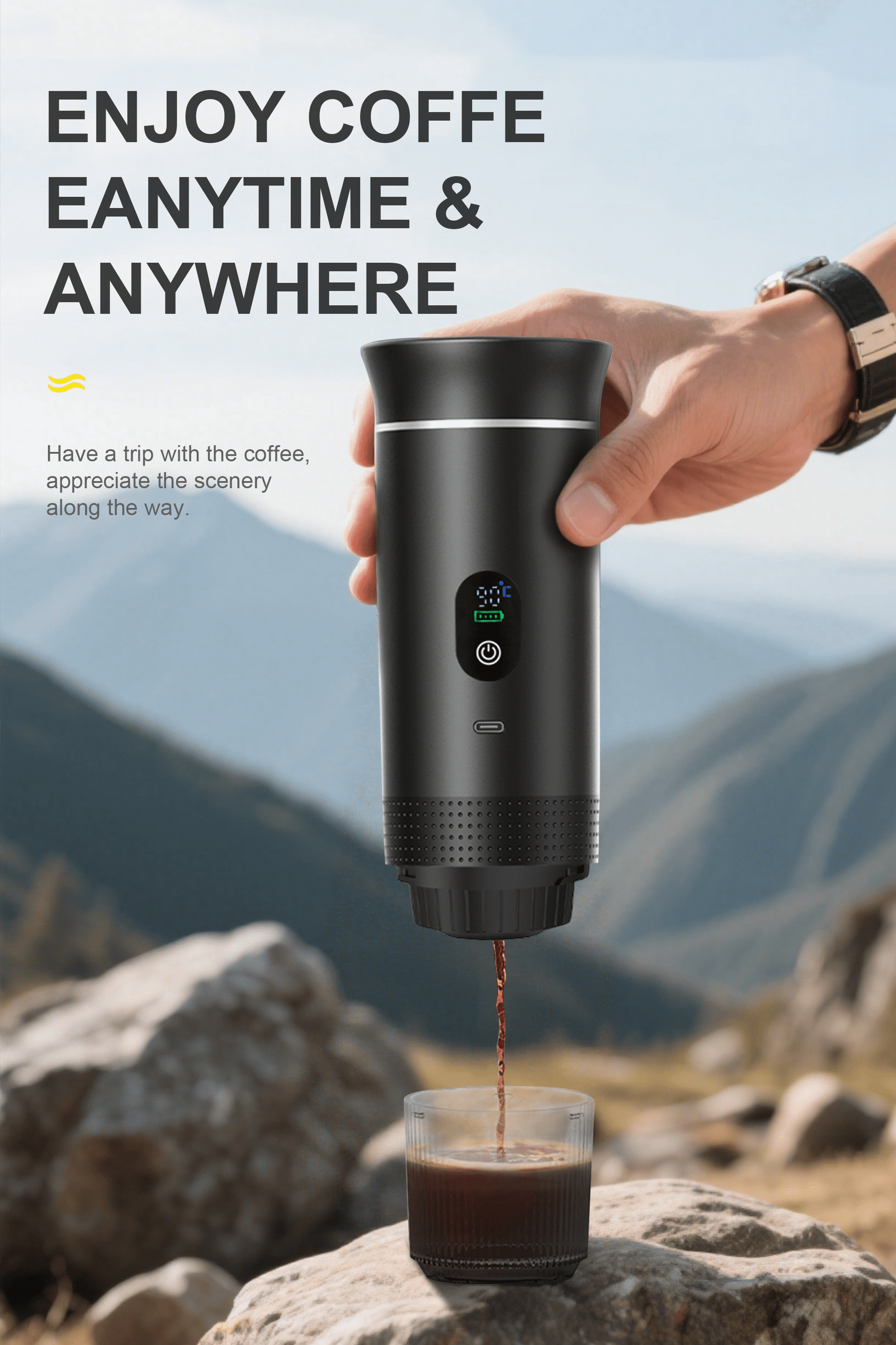 3-In-1 Portable Coffee Maker for Travel,Self-Heating Espresso Machine with USB-C,LED Display,20 Bar,Compatible with Coffee Grounds&Capsules (Ns&Dg)–Portable Espresso Maker for Car,Rv,Camping,Off