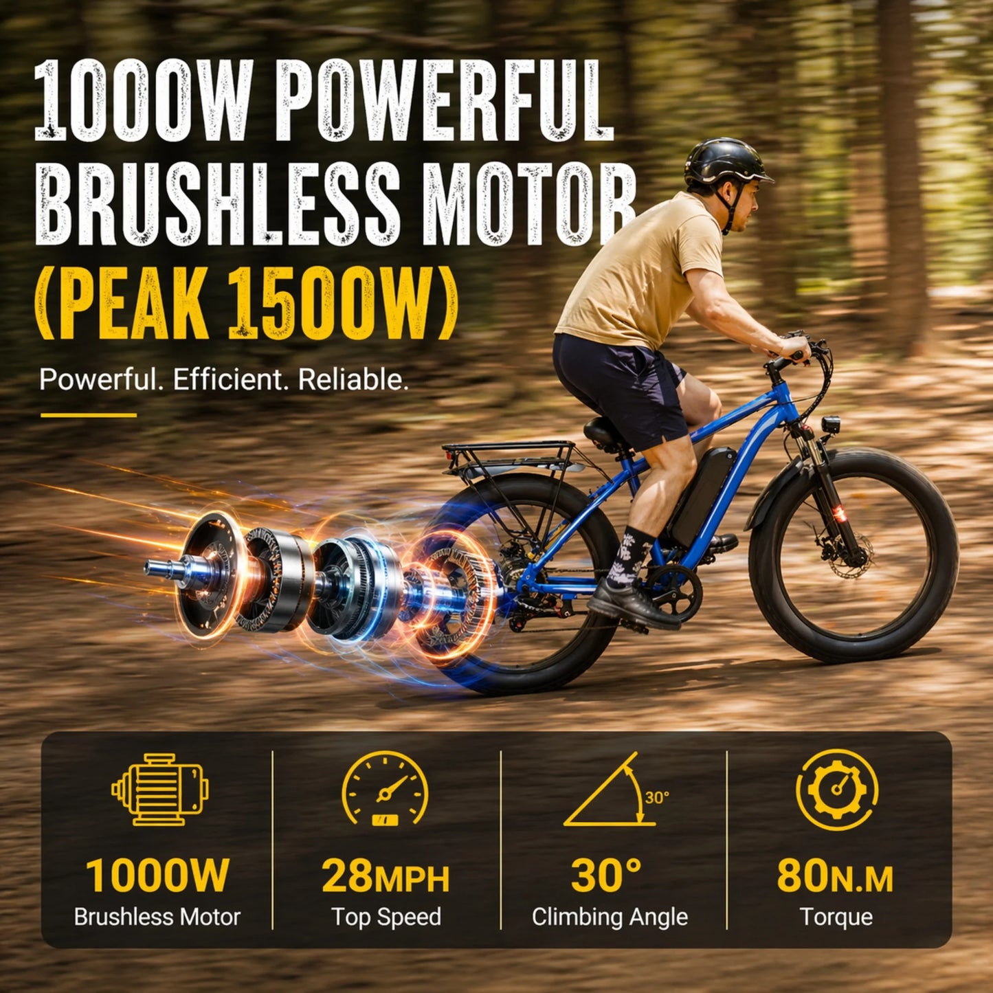 EB26 1000W Peak 1500W Electric Bike for Adults, 48V 15Ah, 26" Fat Tire Ebike, E-Mountain Bicycle, UL2849