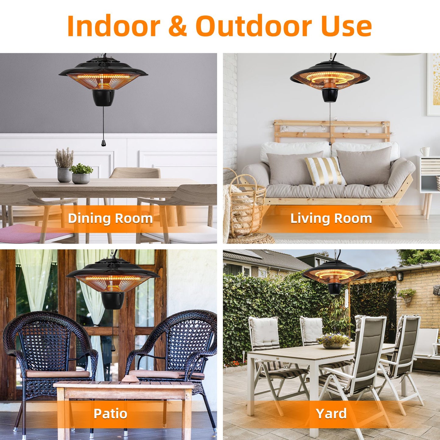 1Pc 1500W Outdoor Hanging Patio Heater Ultra-Quiet Electric Heating Lamp IP23 Waterproof 2 Heating Levels Overheating Protection Ceiling Mounted Outdoor Heater