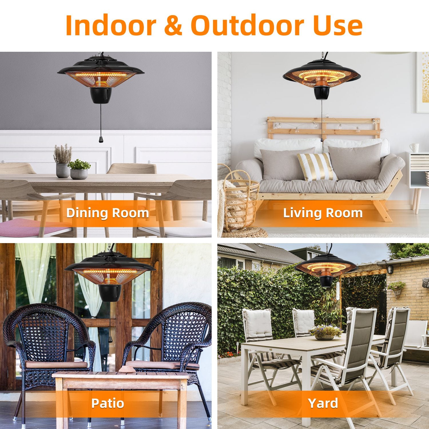1Pc 1500W Outdoor Hanging Patio Heater Ultra-Quiet Electric Heating Lamp IP23 Waterproof 2 Heating Levels Overheating Protection Ceiling Mounted Outdoor Heater