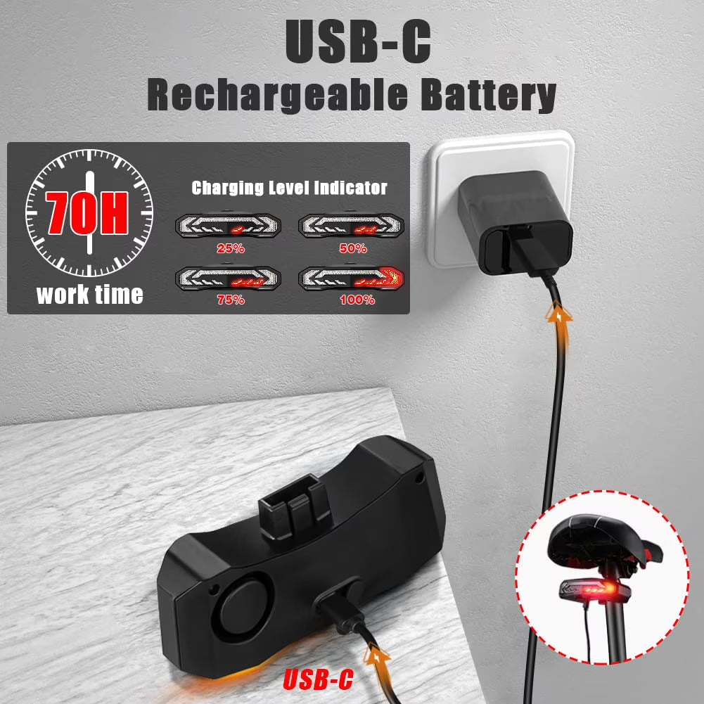 5-In-1 Bicycles Tail Light Alarm Rechargeable for Night Ride with Turn Signals Brake Light and Remote Control