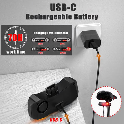 5-In-1 Bicycles Tail Light Alarm Rechargeable for Night Ride with Turn Signals Brake Light and Remote Control