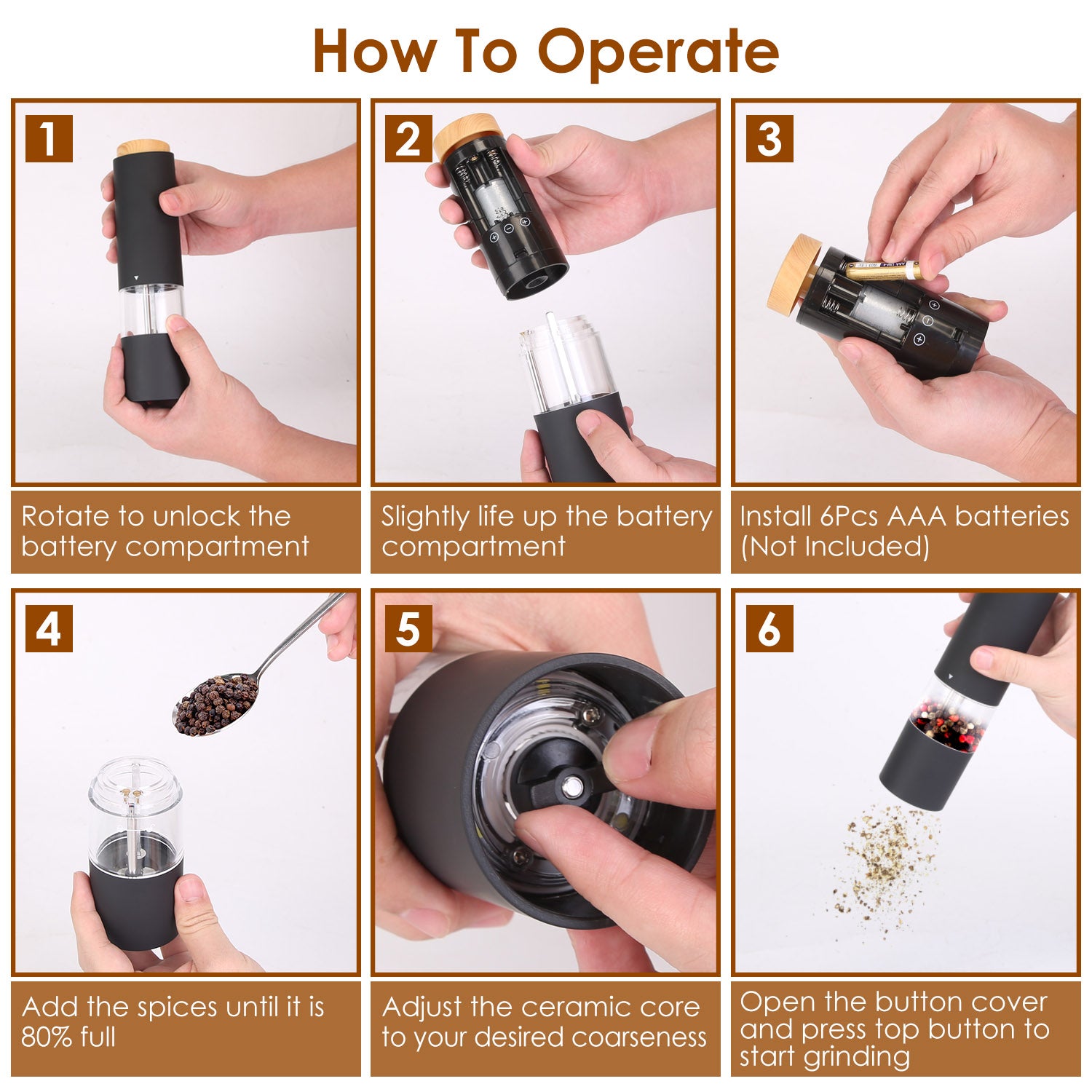 2Pcs Electric Salt and Pepper Grinder Battery Powered Salt Mill Sets with Adjustable Coarseness One Hand Easy Operation Visible Refilling Bottle
