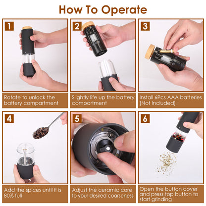 2Pcs Electric Salt and Pepper Grinder Battery Powered Salt Mill Sets with Adjustable Coarseness One Hand Easy Operation Visible Refilling Bottle