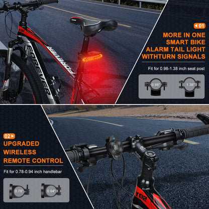 5-In-1 Bicycles Tail Light Alarm Rechargeable for Night Ride with Turn Signals Brake Light and Remote Control