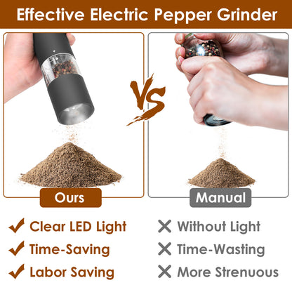 2Pcs Electric Salt and Pepper Grinder Battery Powered Salt Mill Sets with Adjustable Coarseness One Hand Easy Operation Visible Refilling Bottle