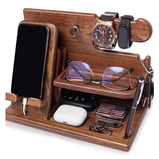 Wooden Bedside Wood Phone Docking Station Holder Wallet Stand Watch Storage Rack Valentines Multifunctional