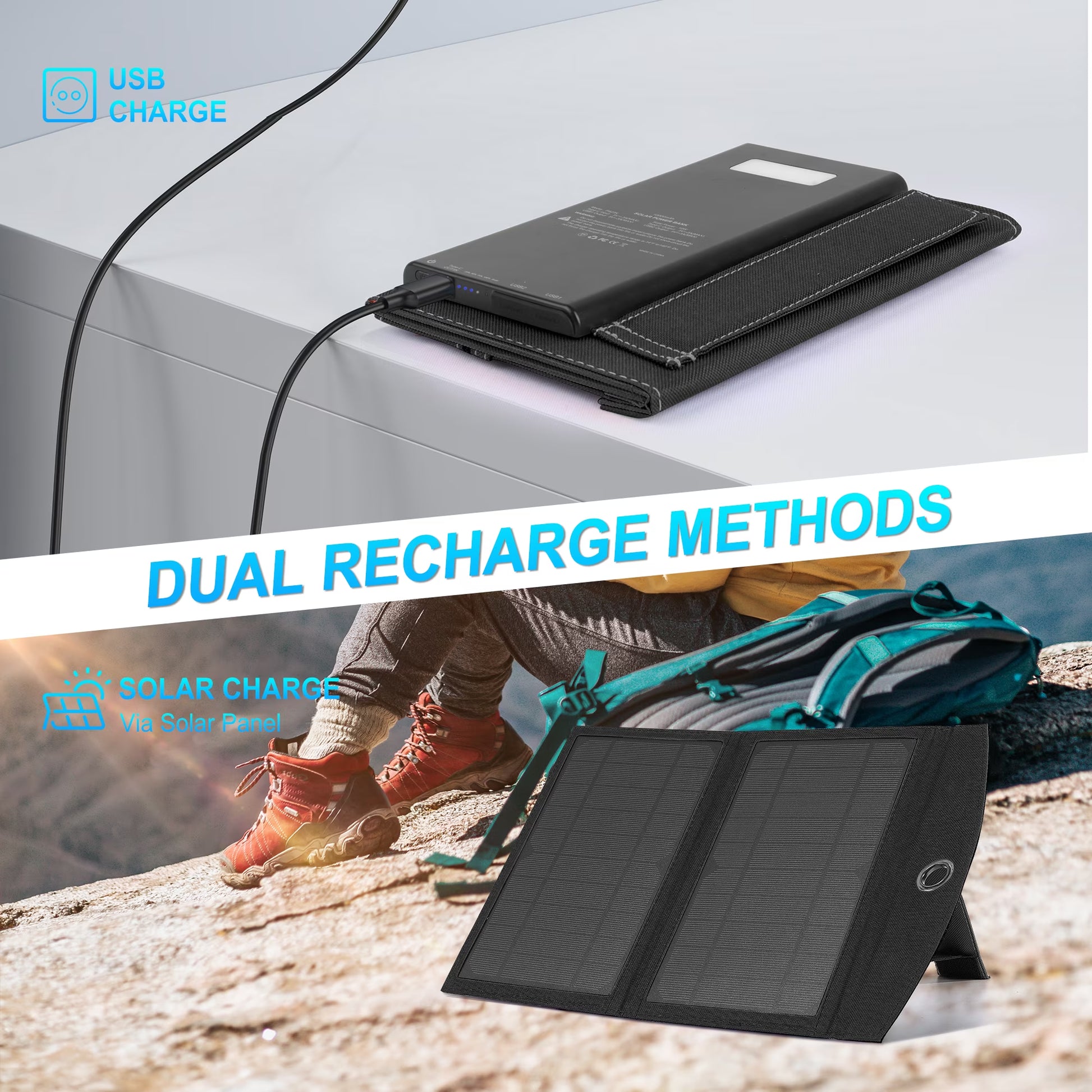 Solar Charger, 20000Mah Outdoor Waterproof Portable Power Bank，5V USB Ports Output for Smartphones Iphone Tablets Outdoor Camping Hiking (Black)