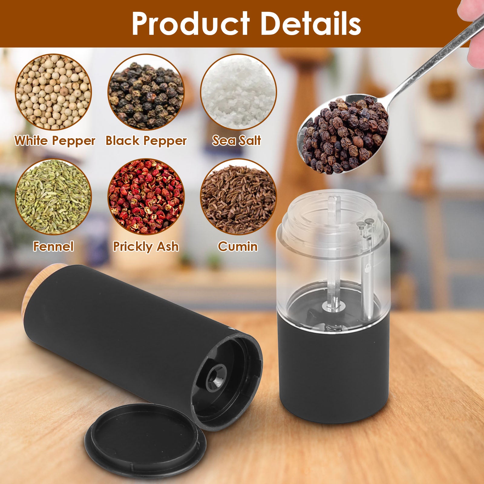 2Pcs Electric Salt and Pepper Grinder Battery Powered Salt Mill Sets with Adjustable Coarseness One Hand Easy Operation Visible Refilling Bottle
