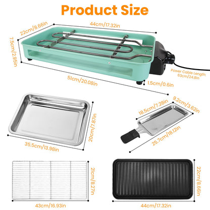 1Pc 2000W Electric Indoor Grill 2 in 1 Electric BBQ Gill with Grill Net Removable Plate 5 Temperature Control 3 Small Trays Dishwasher Safe