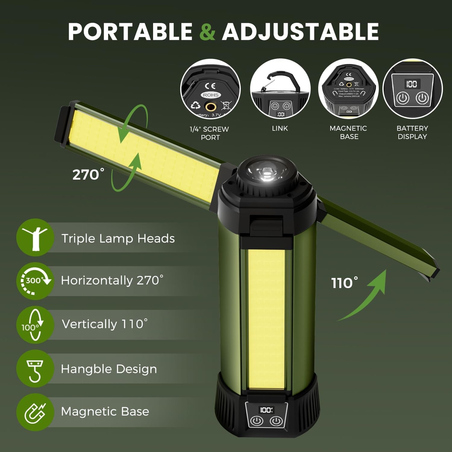 Dimmable Rechargeable Camping Light with Tripod & Carrying Bag - 2000 Lumen