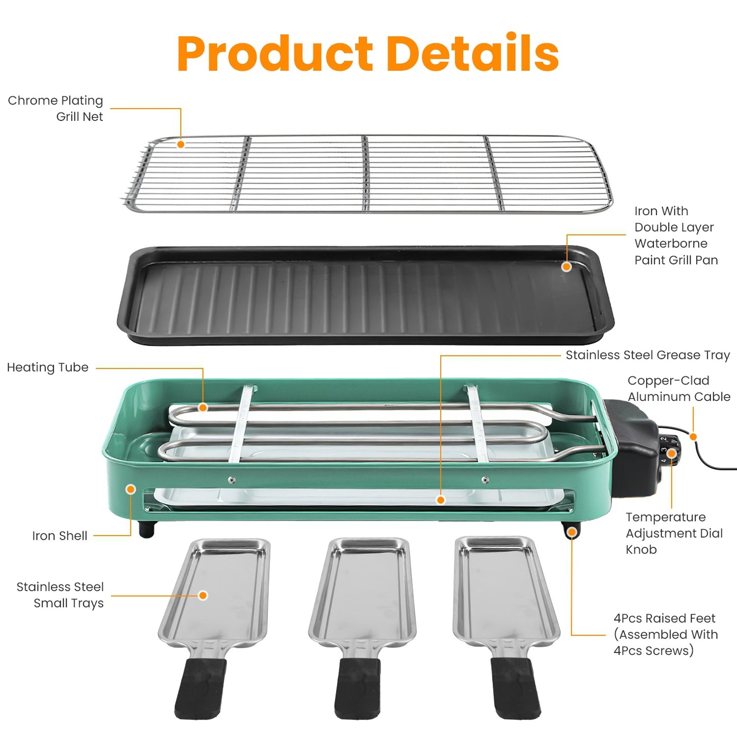 1Pc 2000W Electric Indoor Grill 2 in 1 Electric BBQ Gill with Grill Net Removable Plate 5 Temperature Control 3 Small Trays Dishwasher Safe