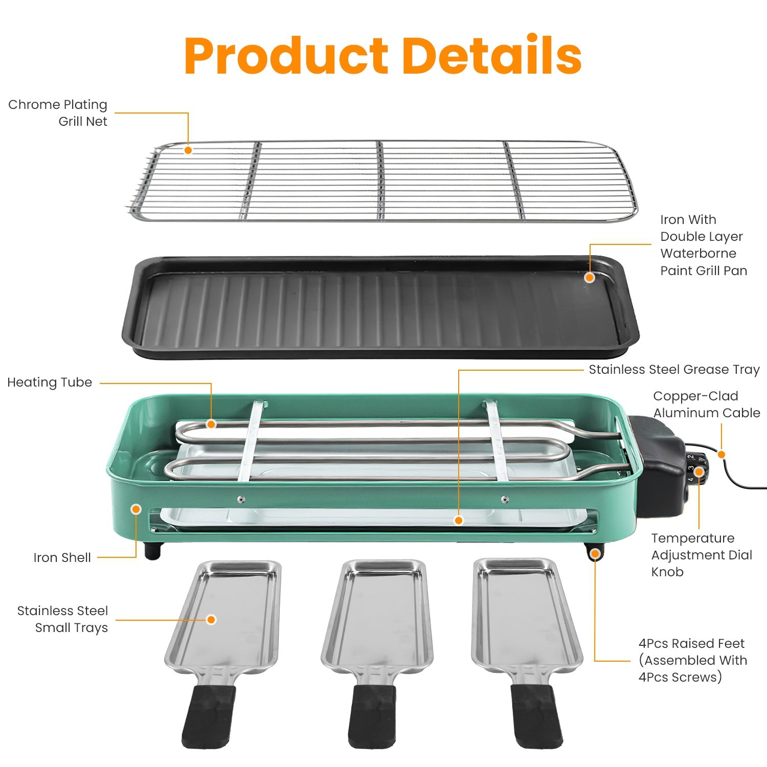 1Pc 2000W Electric Indoor Grill 2 in 1 Electric BBQ Gill with Grill Net Removable Plate 5 Temperature Control 3 Small Trays Dishwasher Safe