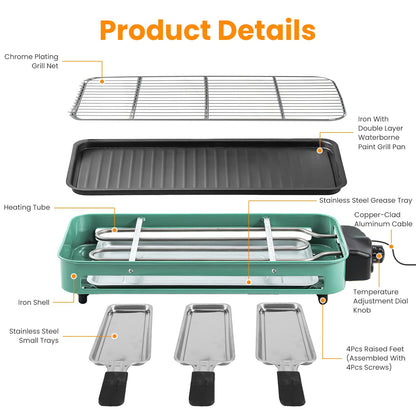 1Pc 2000W Electric Indoor Grill 2 in 1 Electric BBQ Gill with Grill Net Removable Plate 5 Temperature Control 3 Small Trays Dishwasher Safe