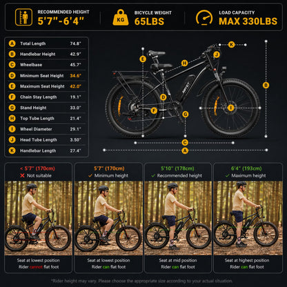 EB26 1000W Peak 1500W Electric Bike for Adults, 48V 15Ah, 26" Fat Tire Ebike, E-Mountain Bicycle, UL2849