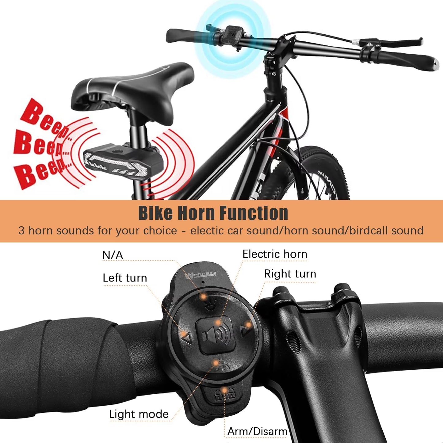 5-In-1 Bicycles Tail Light Alarm Rechargeable for Night Ride with Turn Signals Brake Light and Remote Control