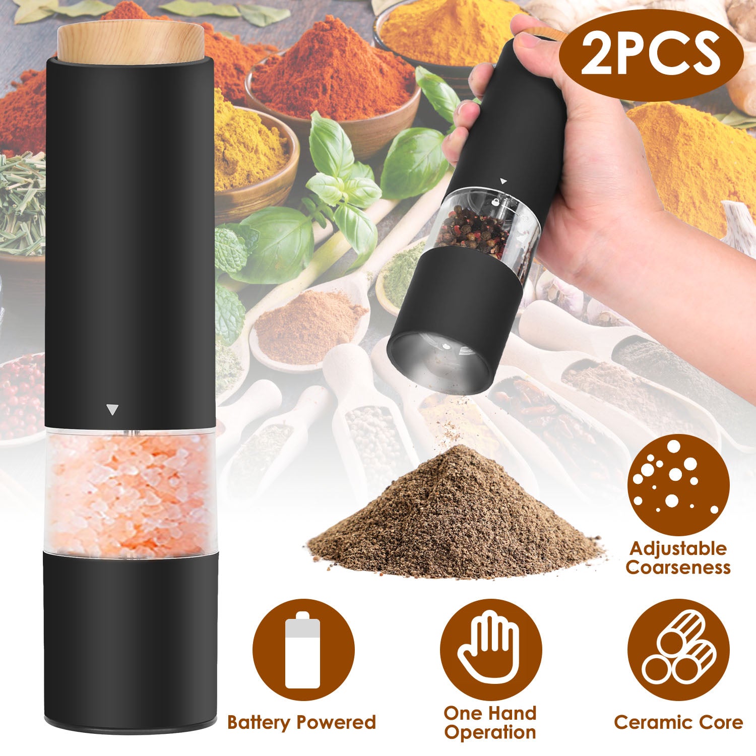 2Pcs Electric Salt and Pepper Grinder Battery Powered Salt Mill Sets with Adjustable Coarseness One Hand Easy Operation Visible Refilling Bottle