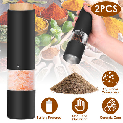2Pcs Electric Salt and Pepper Grinder Battery Powered Salt Mill Sets with Adjustable Coarseness One Hand Easy Operation Visible Refilling Bottle