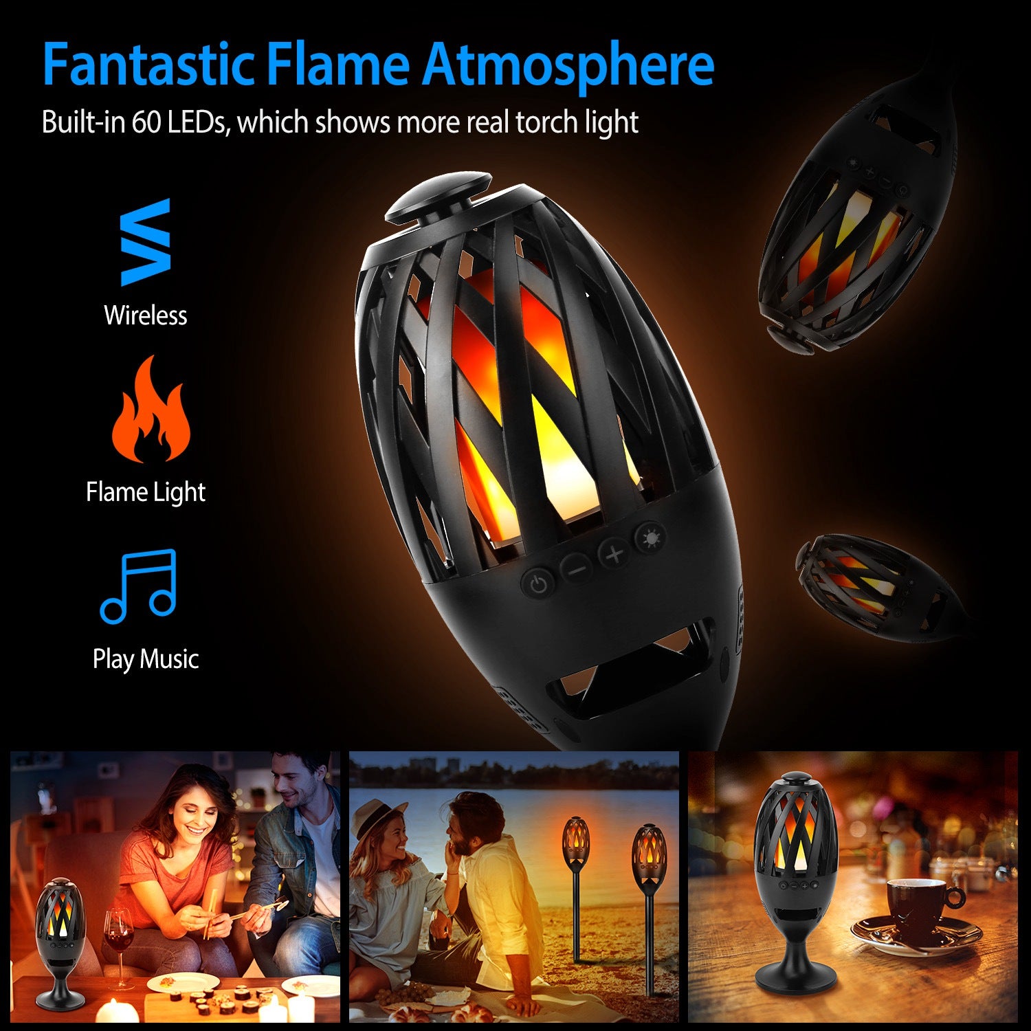 1Pc LED Flame Speakers Torch Wireless Speaker Waterproof Stereo Bass Speaker Outdoor Light-Up Speaker Atmosphere LED Flickers Night Light Patio Stake Lights Lantern for Party Camping