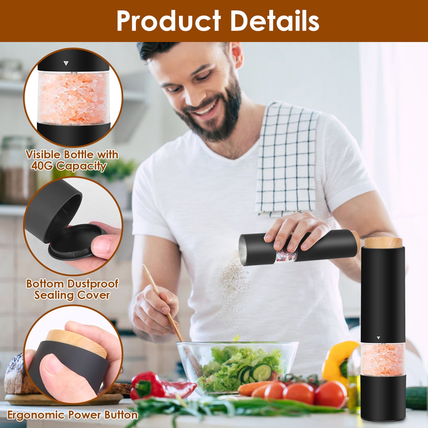 2Pcs Electric Salt and Pepper Grinder Battery Powered Salt Mill Sets with Adjustable Coarseness One Hand Easy Operation Visible Refilling Bottle