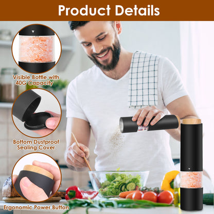 2Pcs Electric Salt and Pepper Grinder Battery Powered Salt Mill Sets with Adjustable Coarseness One Hand Easy Operation Visible Refilling Bottle