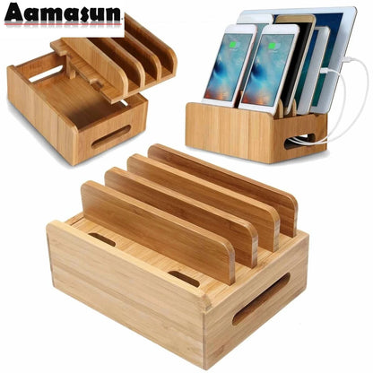 Bamboo Holder for Iphone Stand for Samsung Phone Cords Charging Station Docks Organizer for Smart Phones and Tablets USB Charger