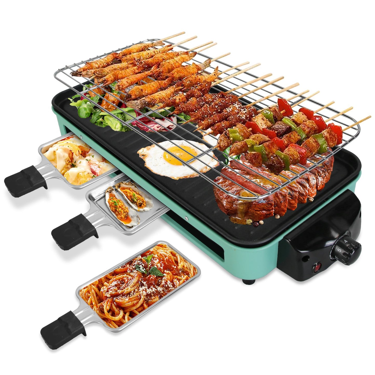 1Pc 2000W Electric Indoor Grill 2 in 1 Electric BBQ Gill with Grill Net Removable Plate 5 Temperature Control 3 Small Trays Dishwasher Safe
