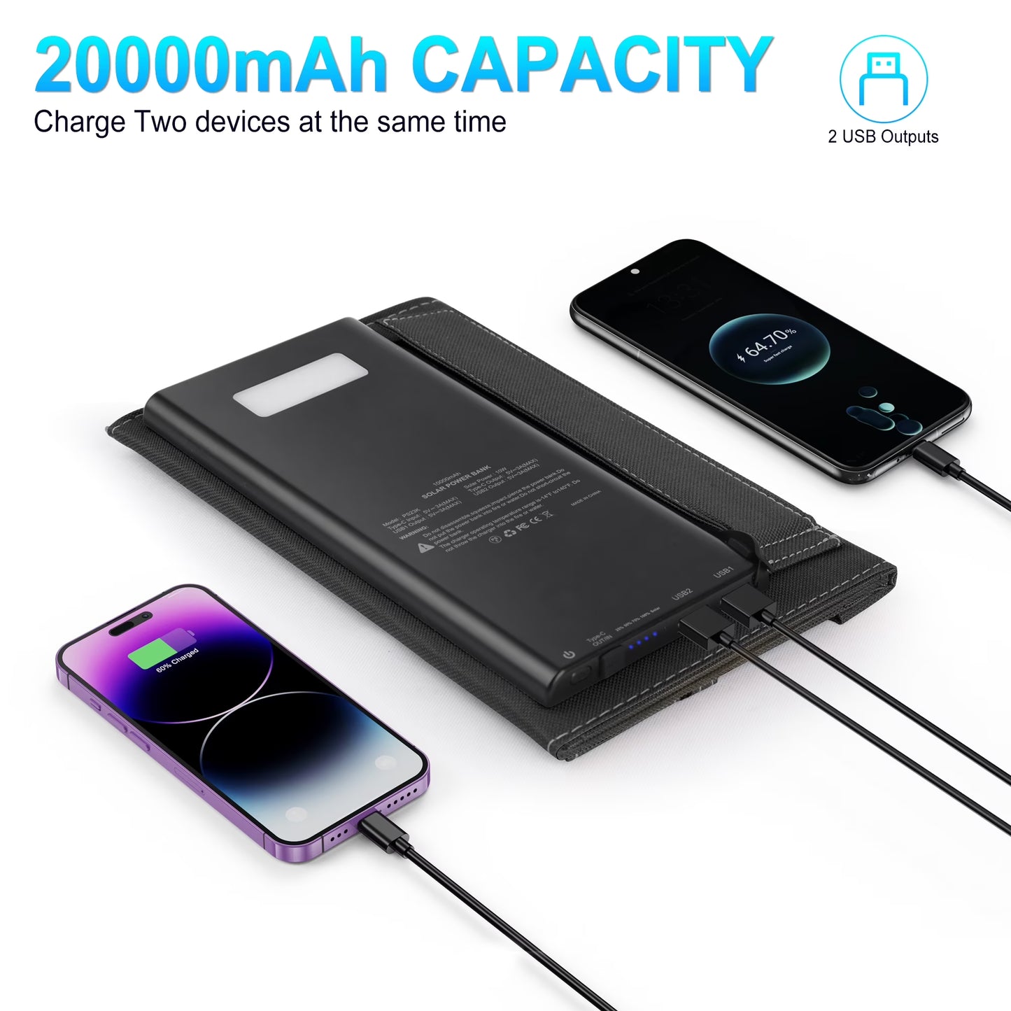 Solar Charger, 20000Mah Outdoor Waterproof Portable Power Bank，5V USB Ports Output for Smartphones Iphone Tablets Outdoor Camping Hiking (Black)