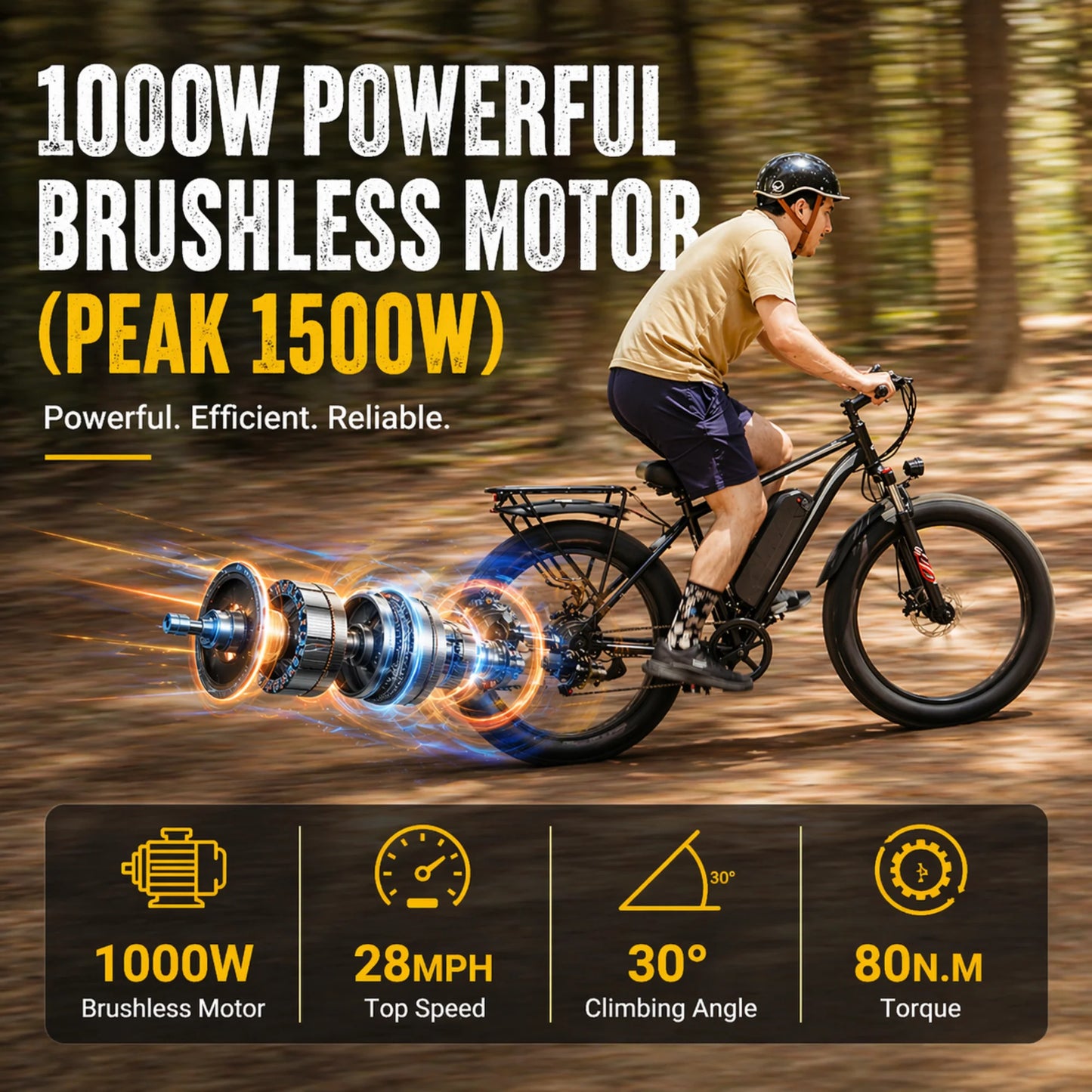 EB26 1000W Peak 1500W Electric Bike for Adults, 48V 15Ah, 26" Fat Tire Ebike, E-Mountain Bicycle, UL2849