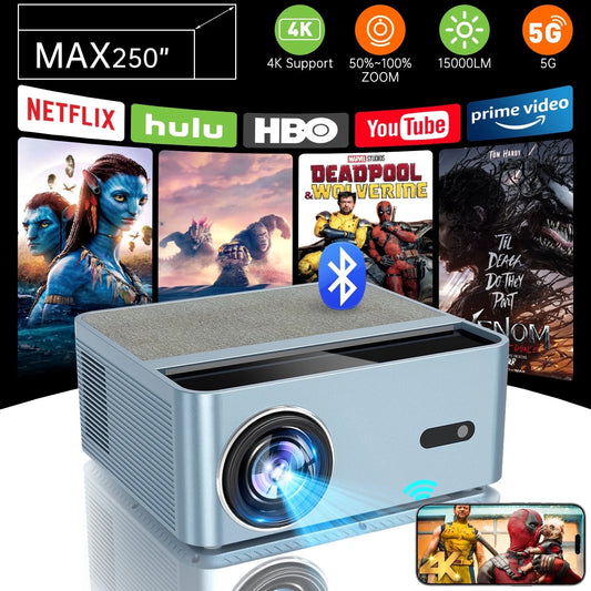 Projector with Wifi and Bluetooth, 4K Support Native 1080P Outdoor Movie Projector, 15000LM Full HD Video Projector, LCD Technology 250" Display Home Theater, Auto Focus & Zoom